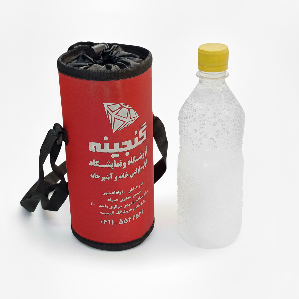 کاور خنک نگهدارنده بطری آب برند MP در کنار بطری حجم 500 میلی‌لیتر