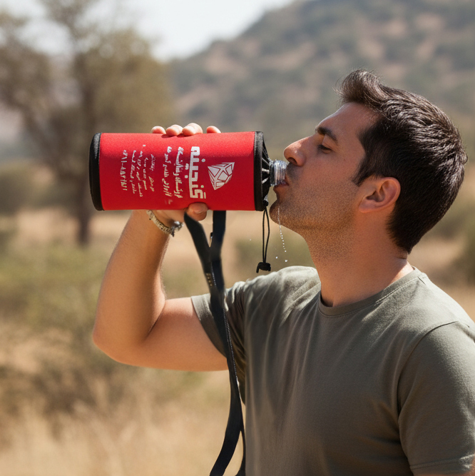 مردی در طبیعت در حال نوشیدن آب از بطری درون کاور خنک نگهدارنده بطری آب برند MP حجم 500 میلی‌لیتر